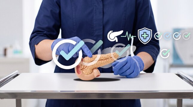 Medical professional examining a plastic anatomical model of a human pancreas in a clinic