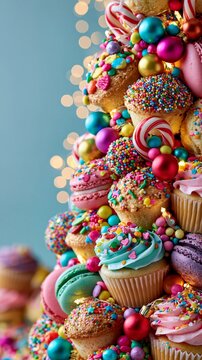 Colorful dessert tree made of cupcakes, macarons, sprinkles, and holiday ornaments with bokeh.