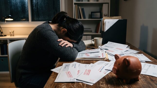 Stressed woman resting head on desk surrounded by unpaid bills and envelopes, facing financial problems and debt crisis, emotional burden of money struggles at home during evening