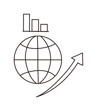Globe with declining bars and curved arrow showing recovery