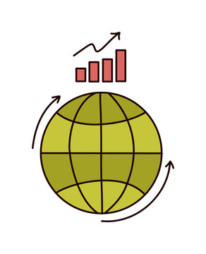 Globe with bar chart and arrows showing global growth