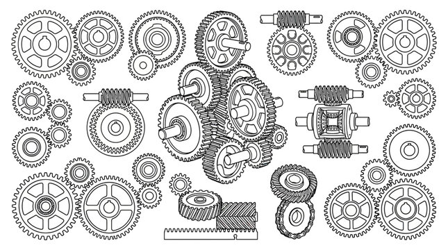 Mechanical Gears and Cogs Collection - Isolated Line Art
