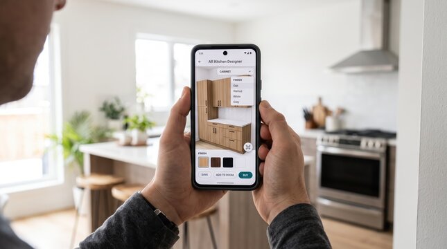 Man using augmented reality kitchen designer app on smartphone to visualize wooden cabinets in modern home interior, planning renovation and furniture arrangement with digital