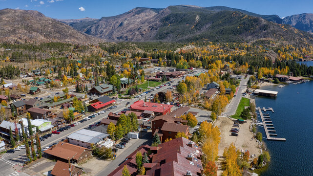 Aerial View of the Tourist Mountain Town of Grand Lake, Colorado during Autumn
