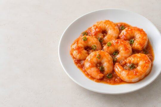 ebi chili shrimp in spicy sweet sauce with copy space on the left