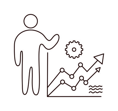 Person presenting line graph with gear showing process improvement