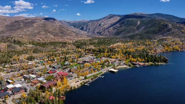 Aerial View of the Tourist Mountain Town of Grand Lake, Colorado during Autumn