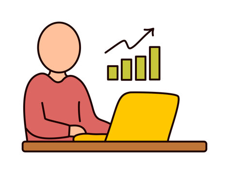 Business analyst working on laptop with rising bar chart