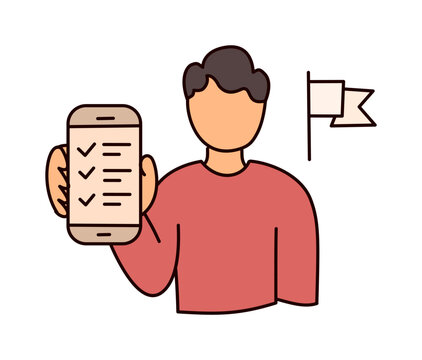 Man holding smartphone with checklist showing completed survey goals