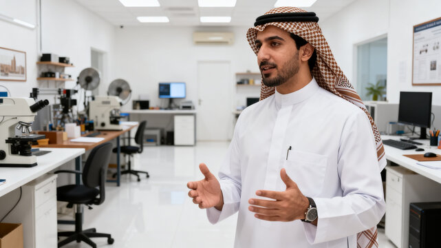 Saudi male specialist explaining commercial cultural creativity in an access review at Jeddah multidisciplinary maker studio, clean, clean white and date-brown, authentic Saudi setting