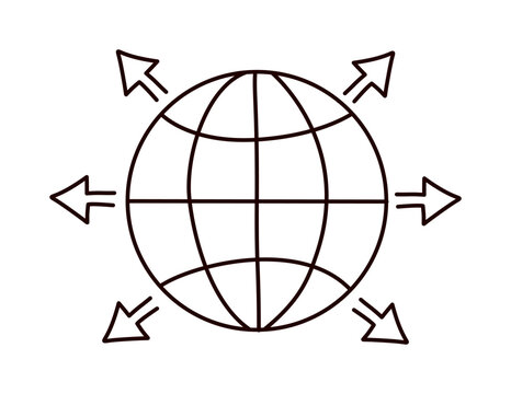 Outline globe with arrows expanding outward showing worldwide reach