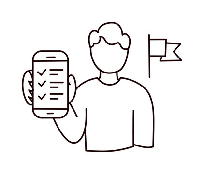 Outline man holding smartphone with checklist showing completed survey