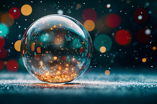 Flawless transparent crystal ball containing sparkling golden magic dust against colorful holiday bokeh