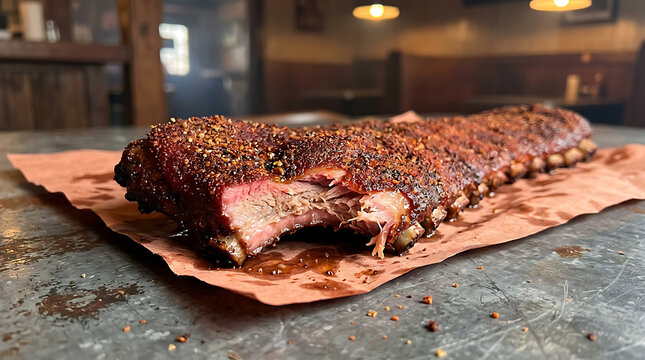 Smoked pork spareribs resting on butcher paper after grilling in
