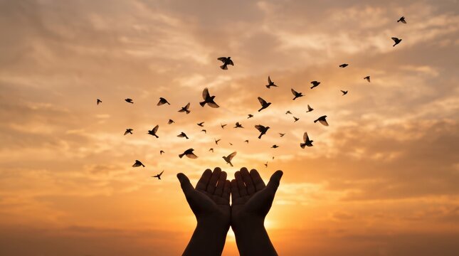 Silhouette of hands releasing birds into the sky during golden sunset, symbolizing freedom, hope, spiritual release, peace, and environmental conservation concepts with dramatic