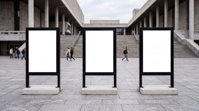 Mockup Three blank billboards in a modern plaza with people walking by