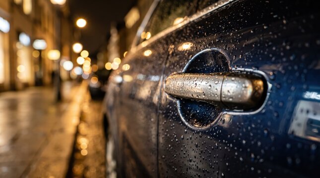 Close-up of a wet car door handle with raindrops reflecting city street lights at night, capturing the atmosphere of a rainy evening drive and urban travel conditions.