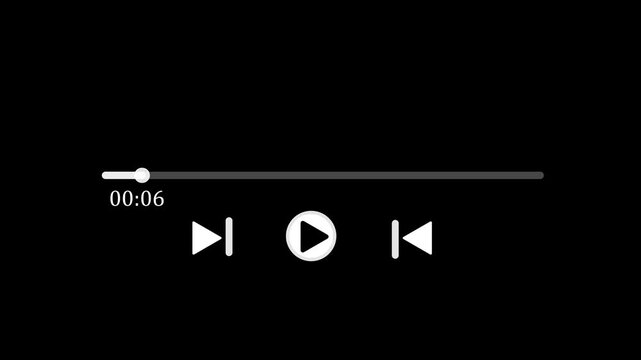 music bar. Media player interface animation with 60 second progress bar and control buttons on black background