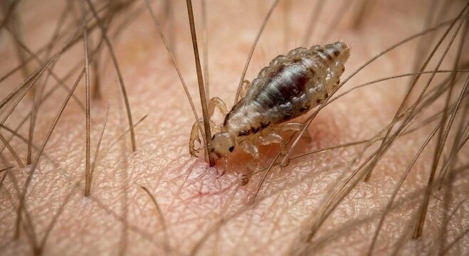Macro concept of head louse feeding on scalp while anchored to human hair