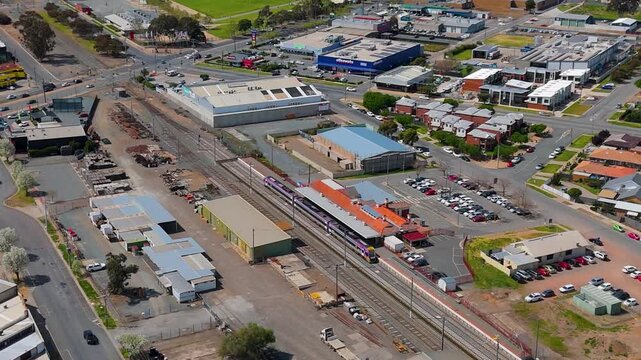 Drone footage of a train at Shepparton railway station, Victoria