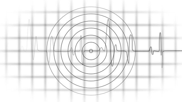 Abstract frequency wave and concentric circles on a grid background.