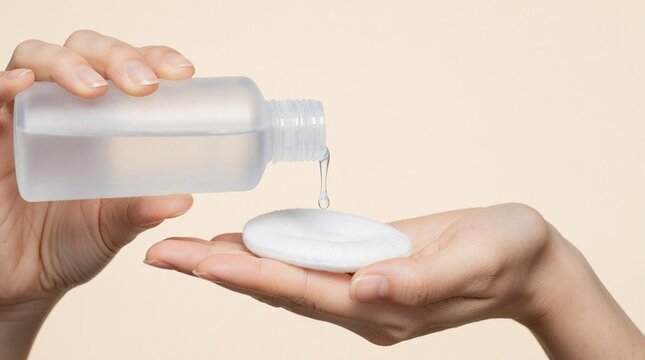 Close up of female hands pouring micellar water from frosted bottle onto white cotton pad. Woman performs skin cleansing routine for facial care. Liquid drops fall into soft pad for beauty treatment.