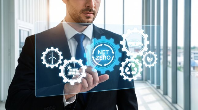 Businessman touching futuristic net zero display with ecological technology icons