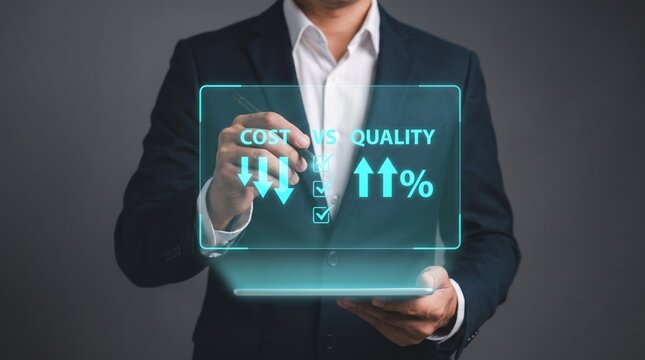 Businessman analyzing cost versus quality reduction and growth statistics