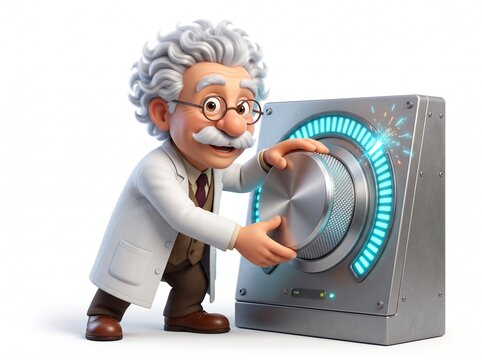 Scientist Mascot Turning Giant Potentiometer Knob to Maximum for Business Scalability