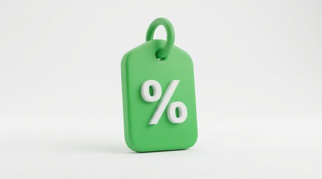Green discount tag with white percentage symbol isolated on white background