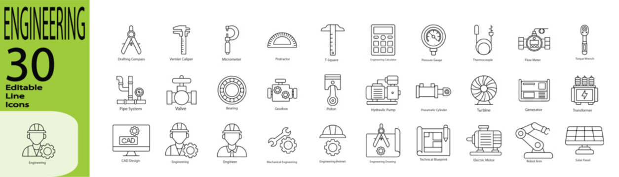 Engineering icon set. Editable stroke.