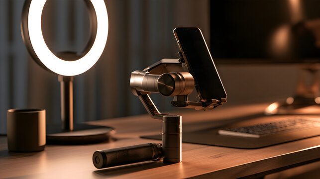 Smartphone Gimbal Stabilizer Resting Beside A Ring Light On A Desk