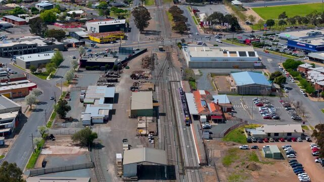 Aerial view of Shepparton railway station and passenger train