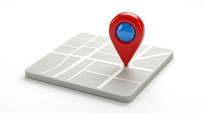 3d render of a red location pin marker icon standing on a stylized city map street grid, isolated on white background