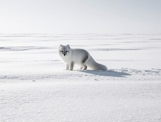Fototapeta premium White arctic fox stands in vast snowy field. Small wild predator camouflaged in winter landscape. Furry animal looks at camera on frozen arctic tundra. Cold wilderness nature scene with clean white