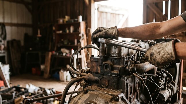 Mechanic working on engine in garage