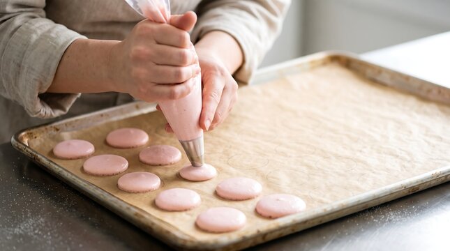 Baker piping pink macaron batter onto baking sheet