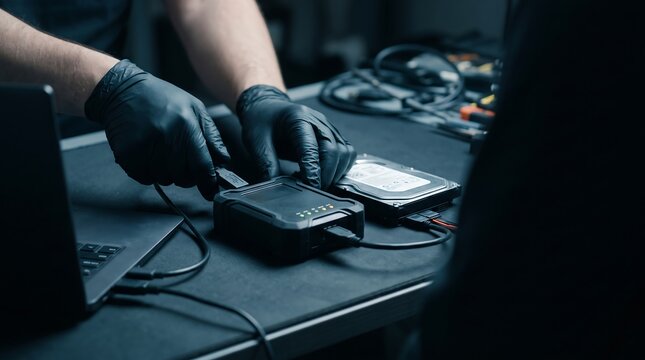 Technician connects hard drive to enclosure with laptop
