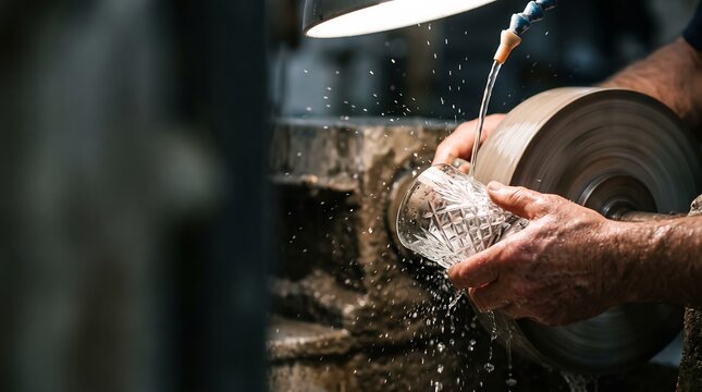 Glassblower shaping crystal glass on a grinding wheel
