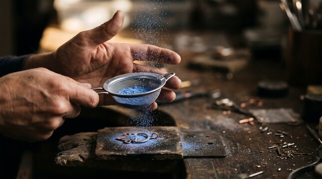 Jeweler sifting blue powder onto metal pendant