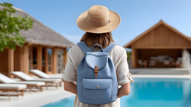 Back view of a woman wearing a sun hat and blue backpack standing in front of luxury resort wooden villas with summer vacation luxury hotel tropical destination wooden villa summer travel