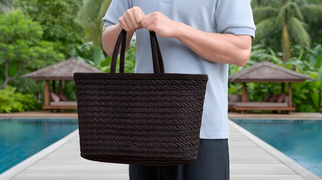 Person standing on a wooden pool deck holding a large dark woven straw beach bag with summer fashion resort wear summer accessory tropical resort summer outfit palm trees summer leisure day out