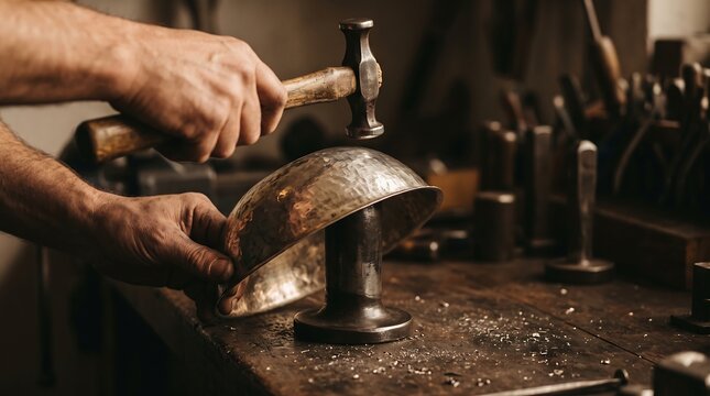 Craftsman hammering metal bowl on workbench