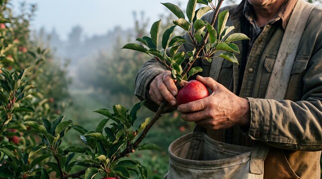 Farmer picking ripe red apple from tree in orchard