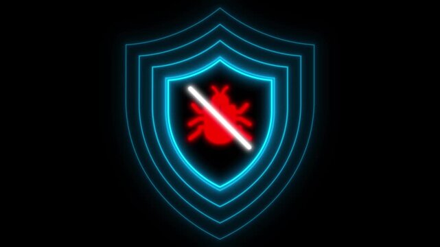 Computer virus animated red bug blocked by glowing blue cyber security shield on black background.