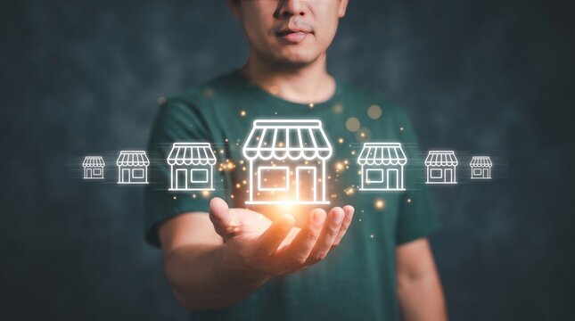 Business owner holding glowing franchise store icons in digital palms