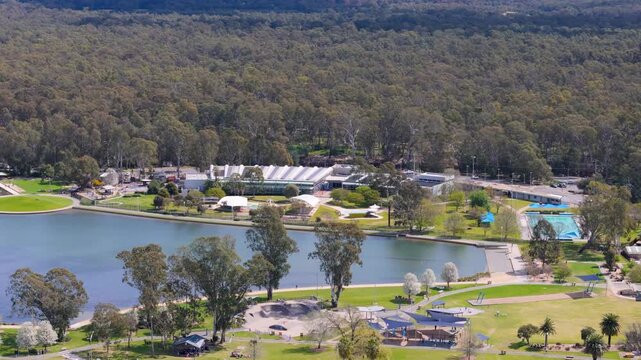 Aerial view of Victoria Park Lake recreation aquatic centre, Shepparton