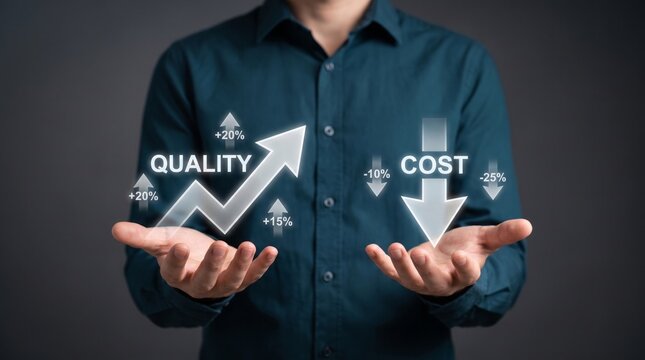 Business concept increasing quality and decreasing cost with glowing digital interface