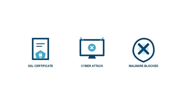 Cyber security and data protection vector icons set including SSL certificate, cyber attack warning, and blocked malware protection
