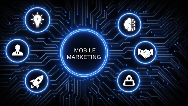 Dynamic mobile marketing concept featuring glowing digital circuit board background, with animated representing, business growth, innovation, artificial intelligence, and, strategic partnership 